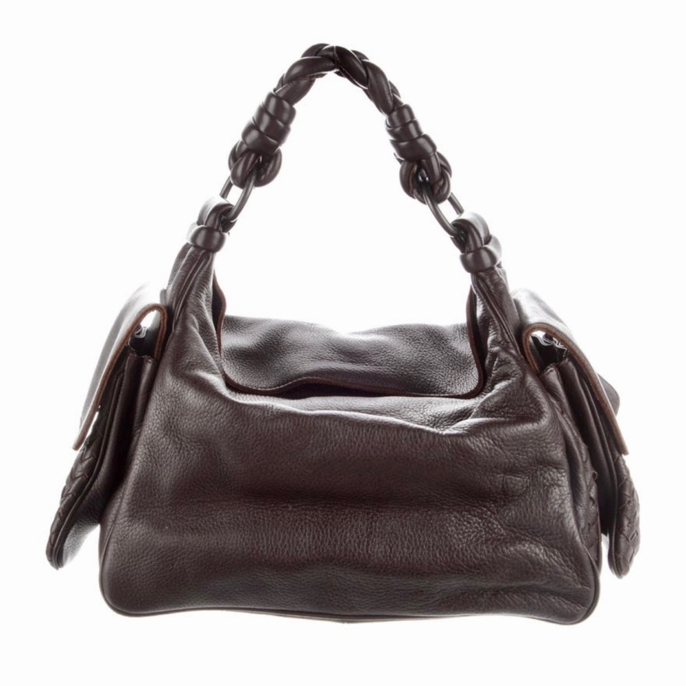 Bottega Veneta Intercciato trimmed Dark Brown Braided-Handle Shoulder Bag